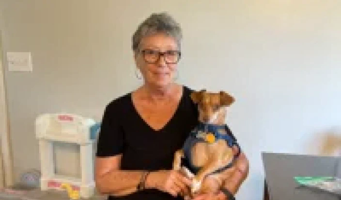 An older woman with glasses and short gray hair sits indoors, smiling, while holding a small tan dog wearing a harness on her lap.