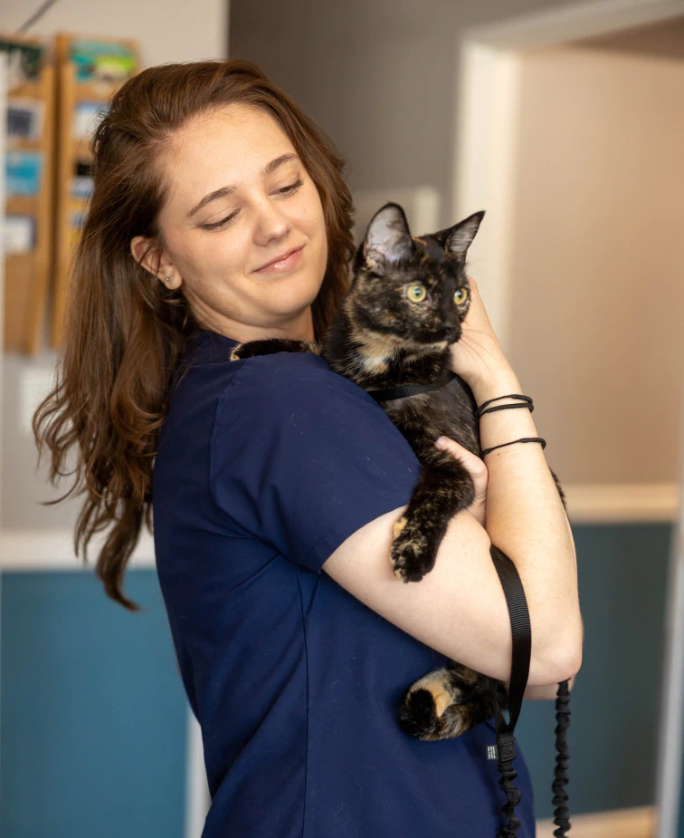 Desktop_About_Us_Payment_Policy A woman in blue scrubs smiles softly while holding a black and orange cat in her arms. The background shows a bulletin board and open doorway, indicating an indoor setting.