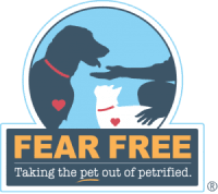 A silhouette of a dog and cat with red collars and heart shapes, next to a persons hand. Text below reads, FEAR FREE Taking the pet out of petrified..